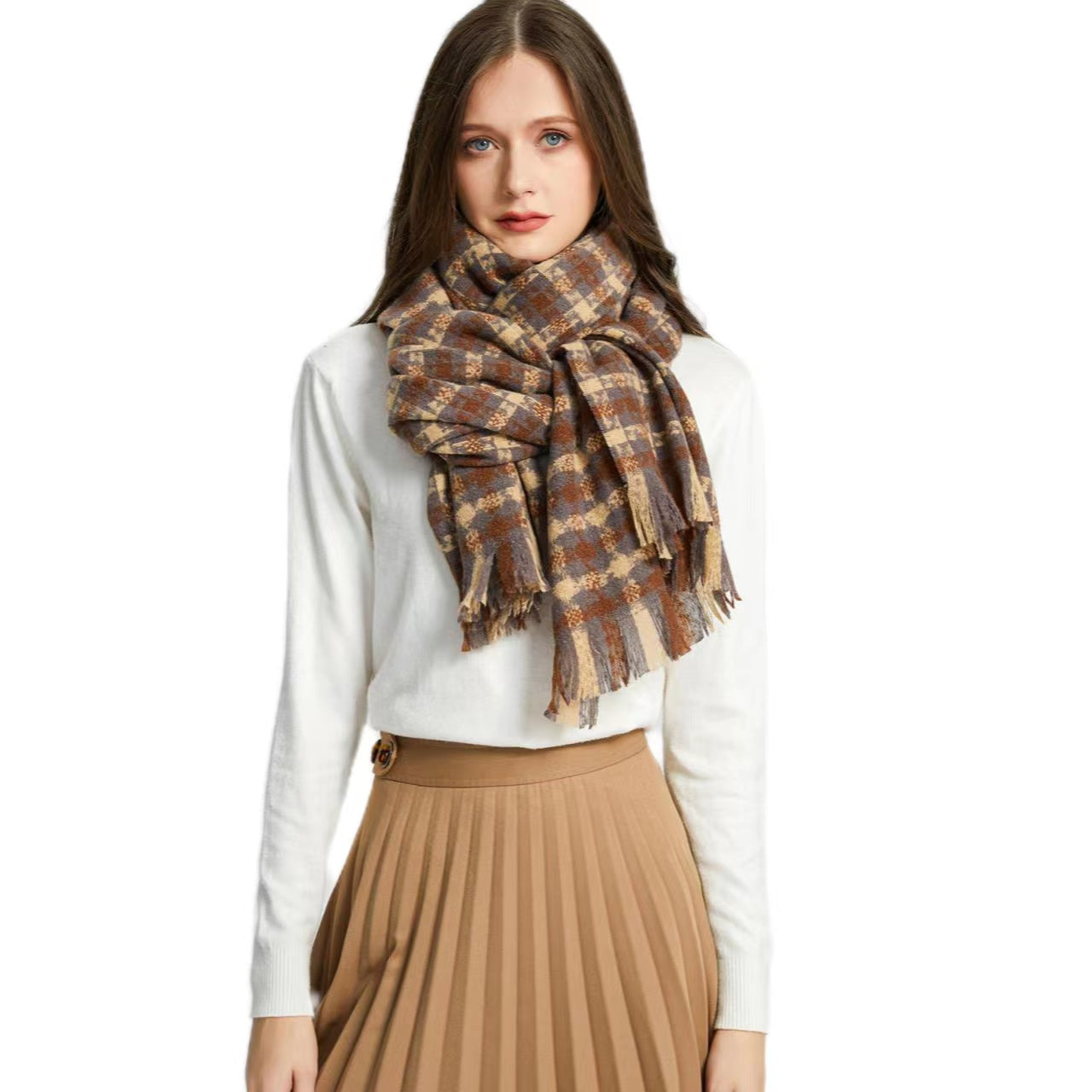 3991-05 Women's Long Classic Tassel Plaid Scarf, Chunky Winter/Fall Warm Scarf