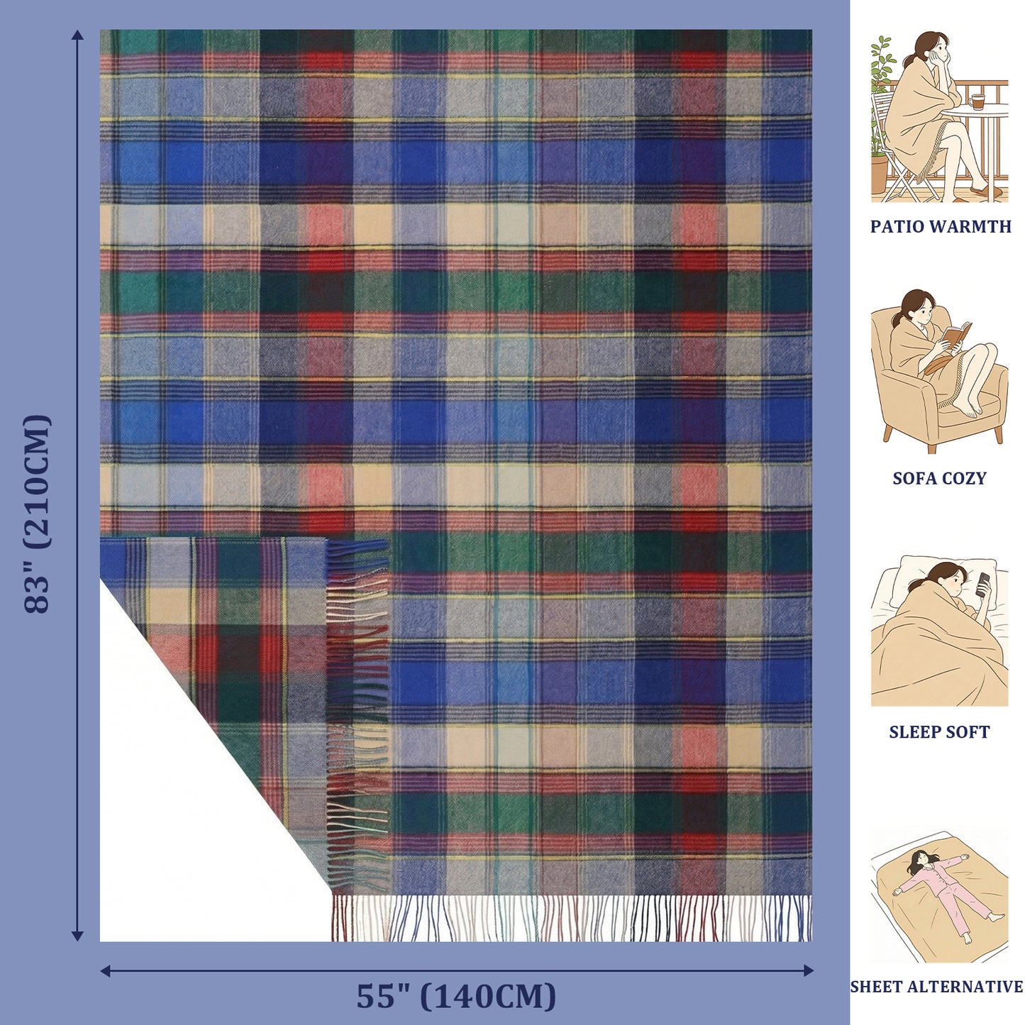 Pure Wool  Throw Blanket For Sofa,Bed&Car, Large 55x83 inches, Classic Design With Storage bag