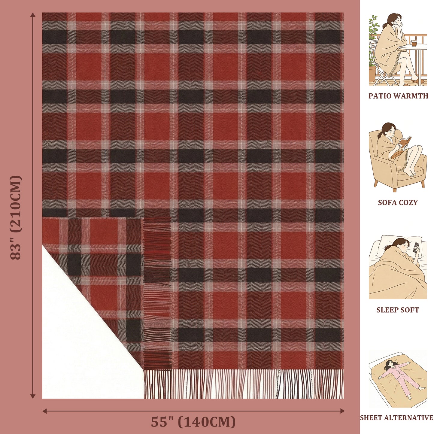 Pure Wool  Throw Blanket For Sofa,Bed&Car, Large 55x83 inches, Classic Design With Storage bag