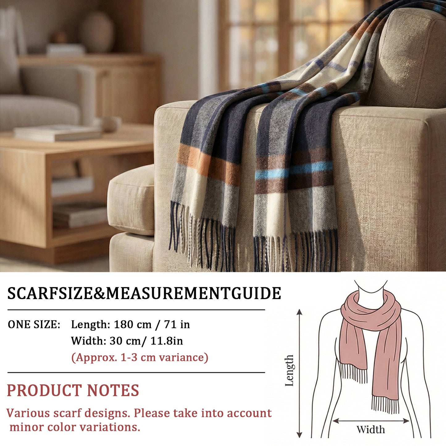 Pure Wool Scarf for Men & Women , Ultra Soft, Lightweight & Warm Luxurious Warm Cashmere Feel Travel Gift
