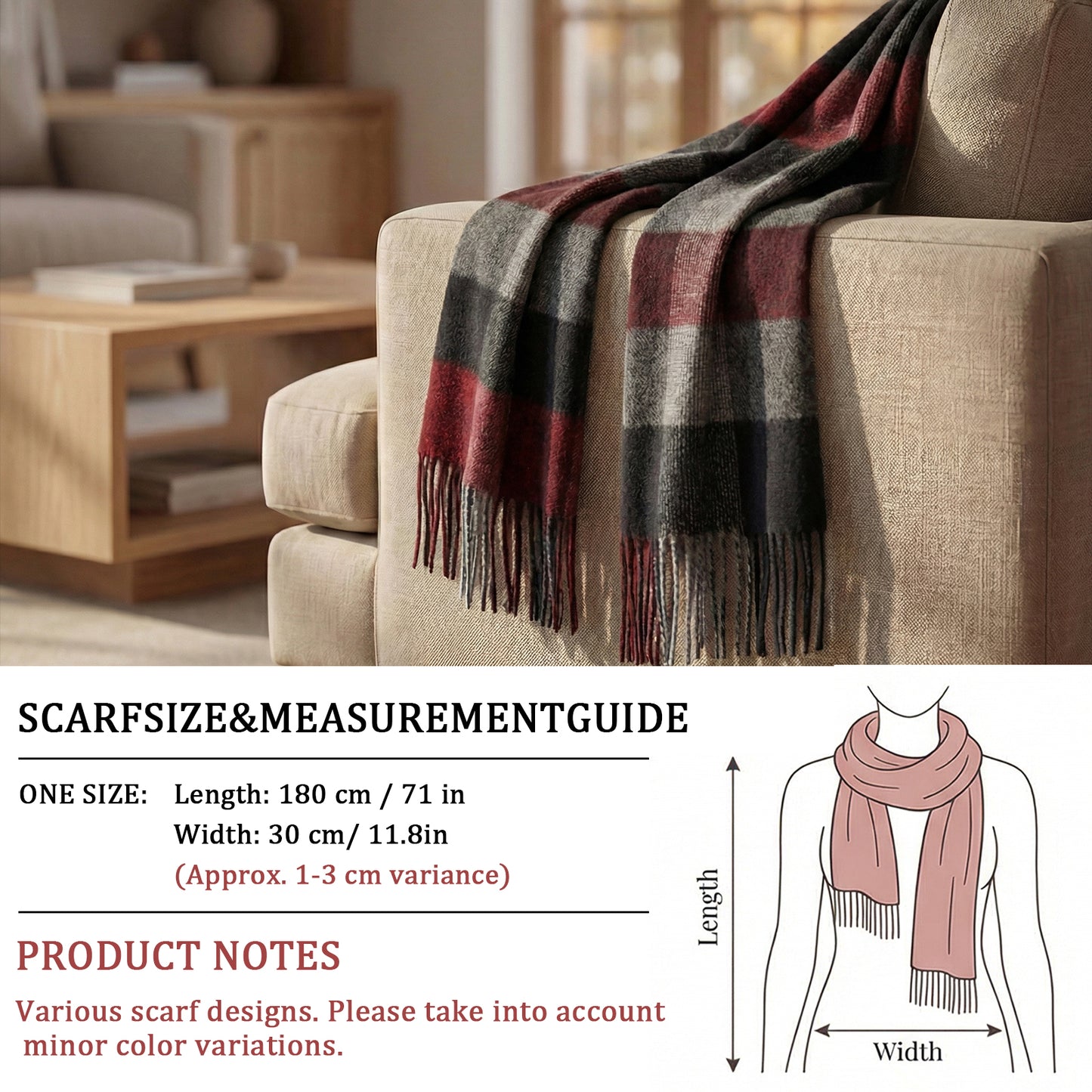 Pure Wool Scarf for Men & Women , Ultra Soft, Lightweight & Warm Luxurious Warm Cashmere Feel Travel Gift