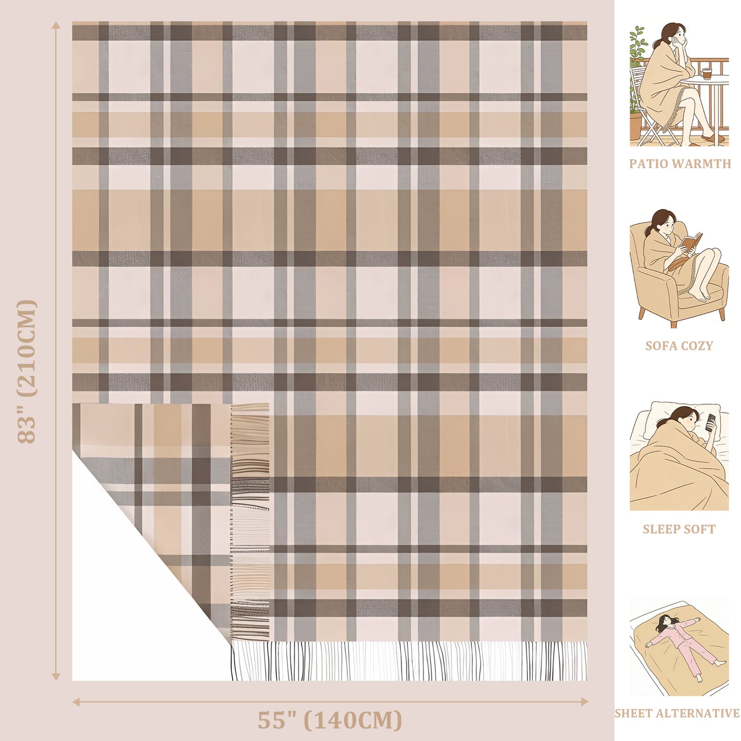 Pure Wool  Throw Blanket For Sofa,Bed&Car, Large 55x83 inches, Classic Design With Storage bag