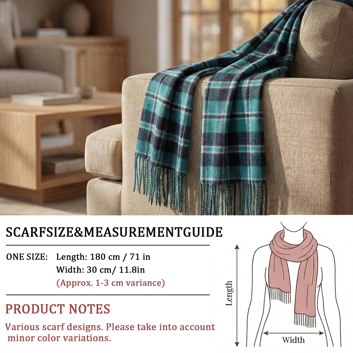 Pure Wool Scarf for Men & Women , Ultra Soft, Lightweight & Warm Luxurious Warm Cashmere Feel Travel Gift