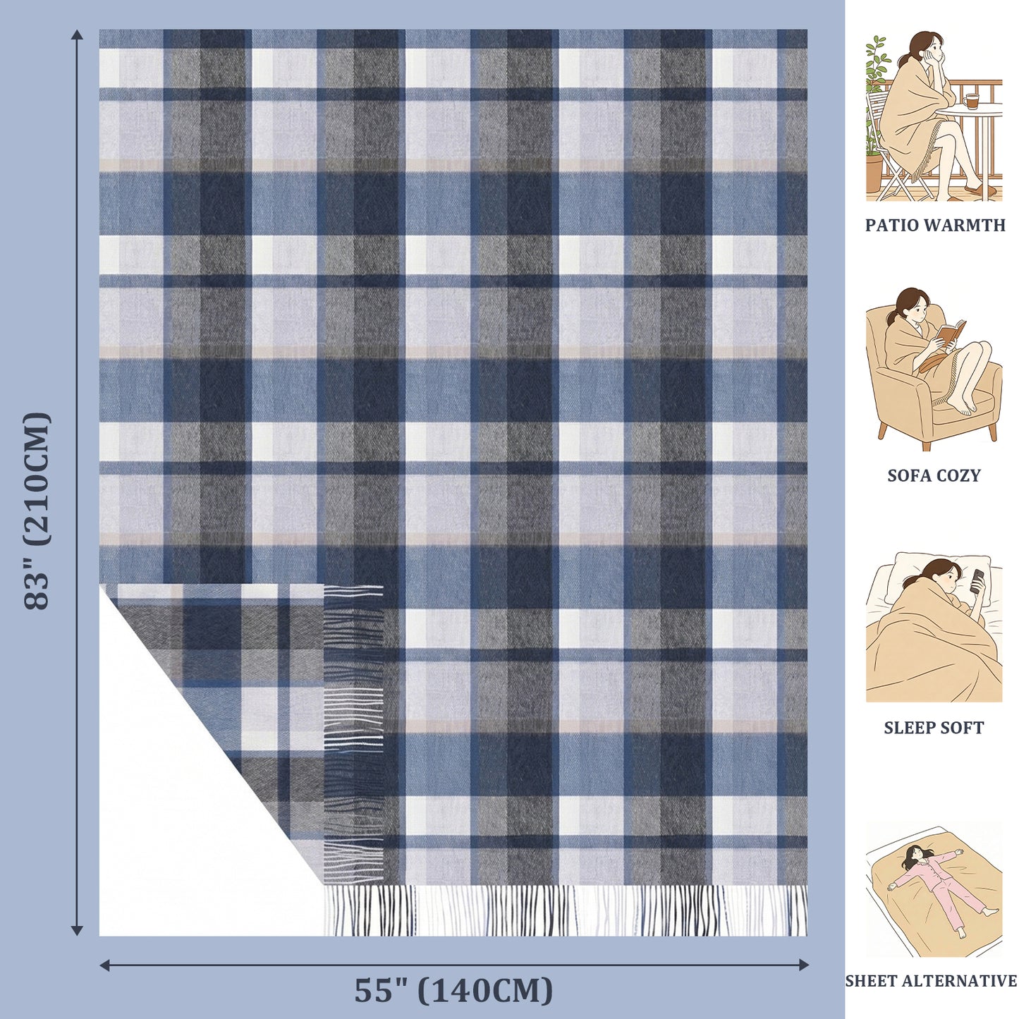 Pure Wool  Throw Blanket For Sofa,Bed&Car, Large 55x83 inches, Classic Design With Storage bag