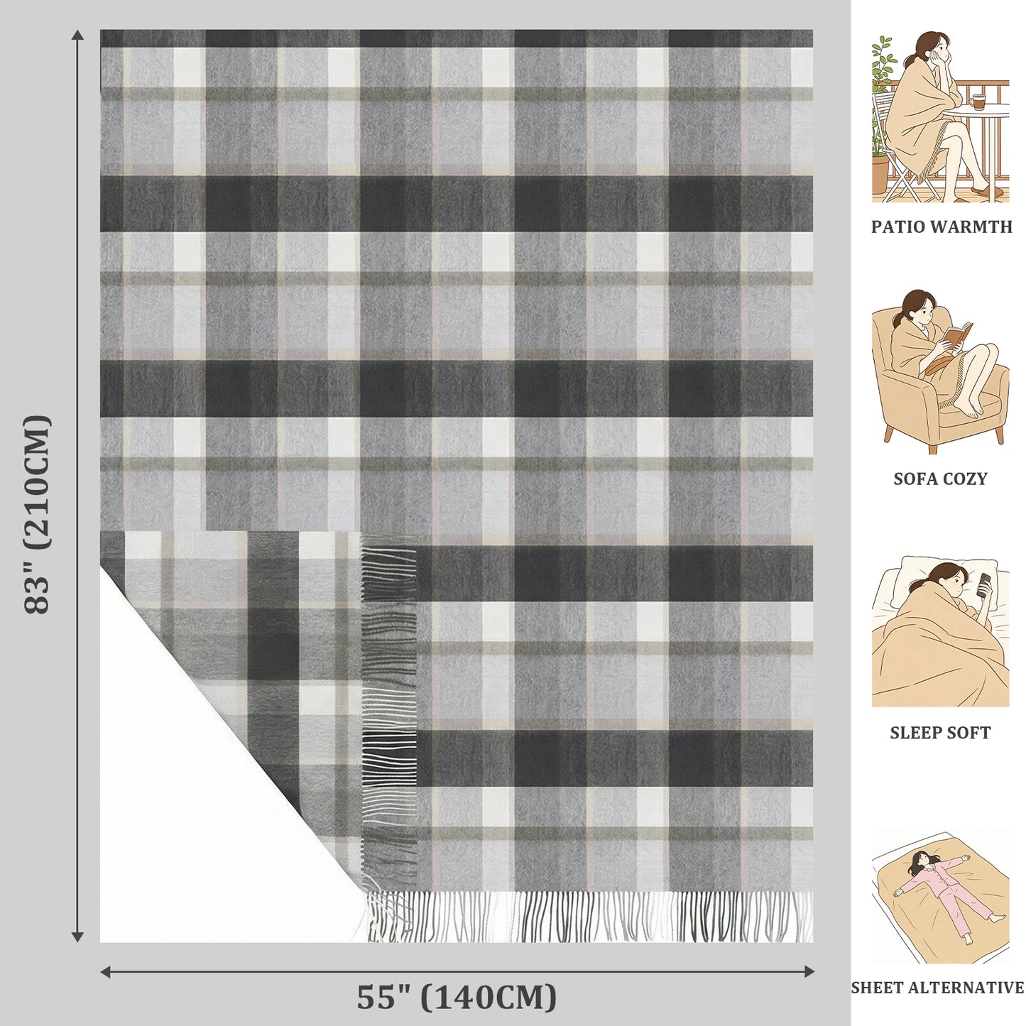 Pure Wool  Throw Blanket For Sofa,Bed&Car, Large 55x83 inches, Classic Design With Storage bag