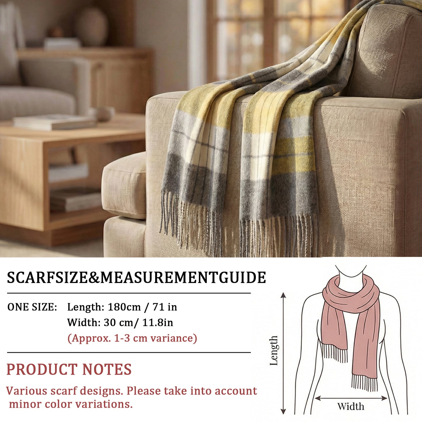 Pure Wool Scarf for Men & Women , Ultra Soft, Lightweight & Warm Luxurious Warm Cashmere Feel Travel Gift