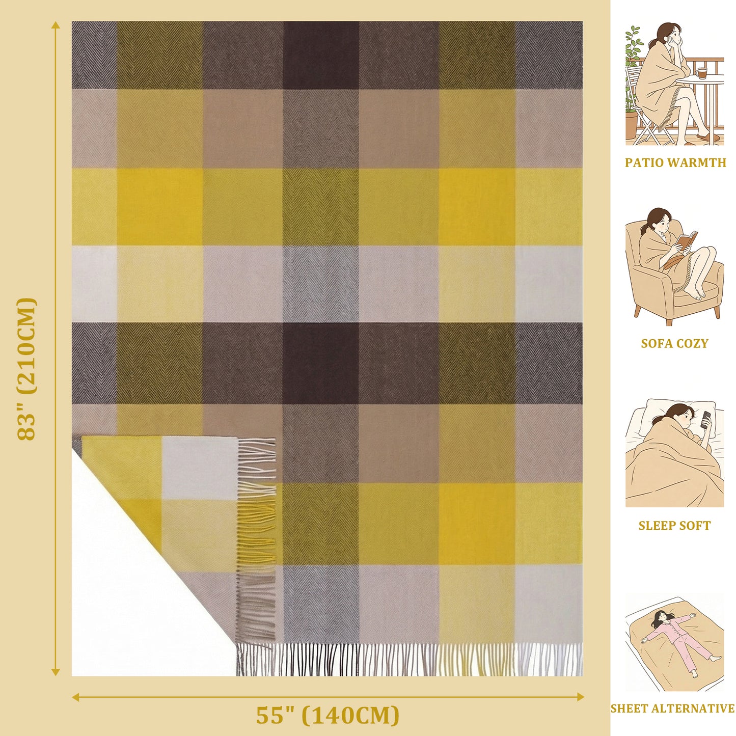 Pure Wool  Throw Blanket For Sofa,Bed&Car, Large 55x83 inches, Classic Design With Storage bag