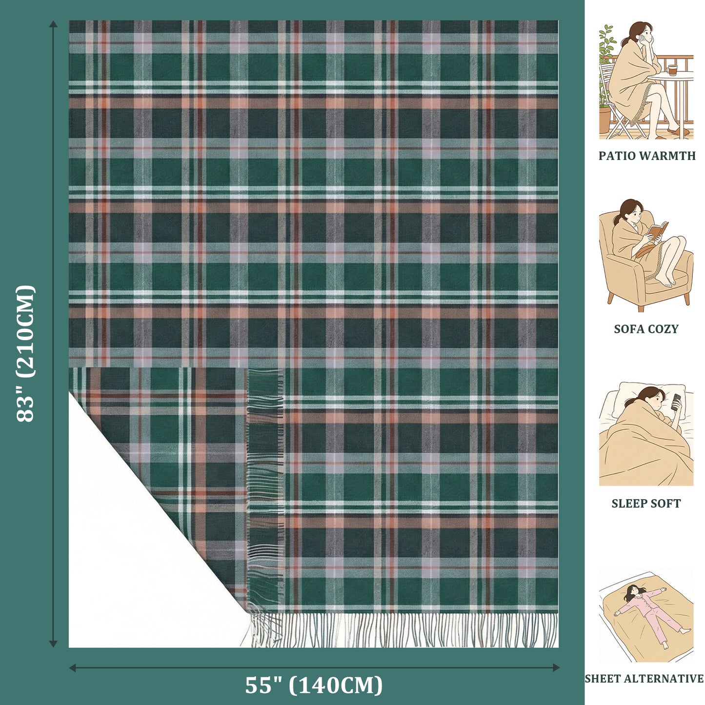 Pure Wool  Throw Blanket For Sofa,Bed&Car, Large 55x83 inches, Classic Design With Storage bag