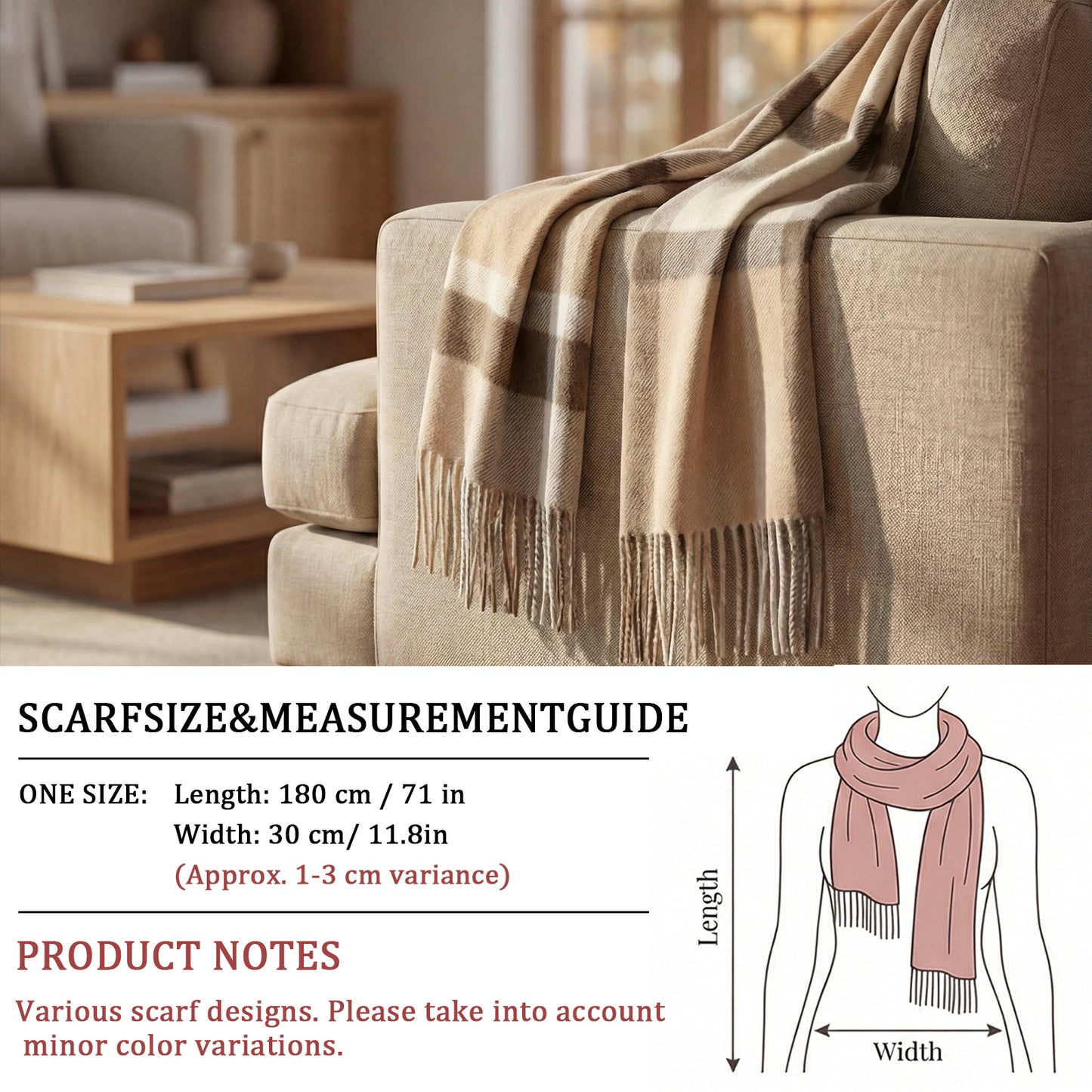 Pure Wool Scarf for Men & Women , Ultra Soft, Lightweight & Warm Luxurious Warm Cashmere Feel Travel Gift