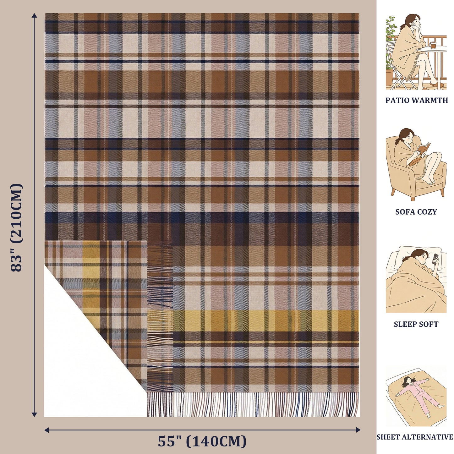 Pure Wool  Throw Blanket For Sofa,Bed&Car, Large 55x83 inches, Classic Design With Storage bag