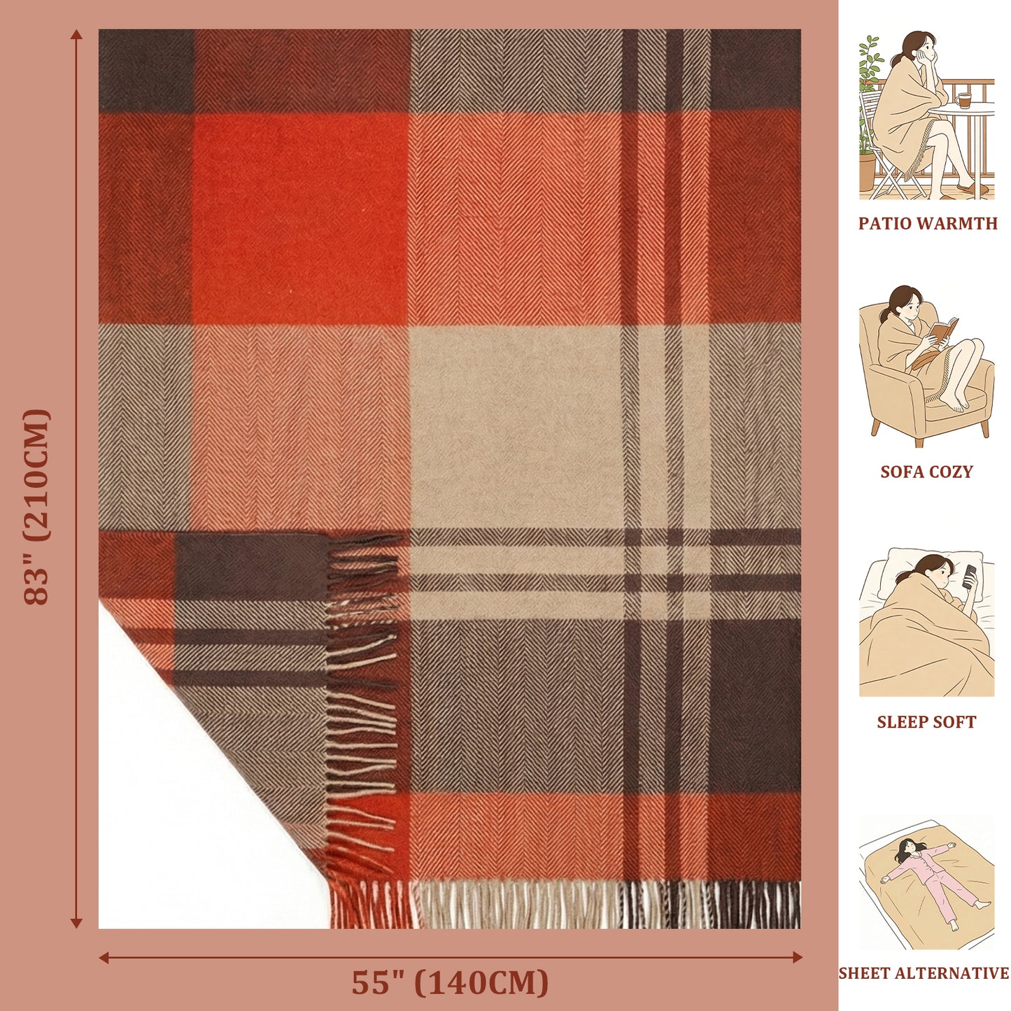 Pure Wool  Throw Blanket For Sofa,Bed&Car, Large 55x83 inches, Classic Design With Storage bag