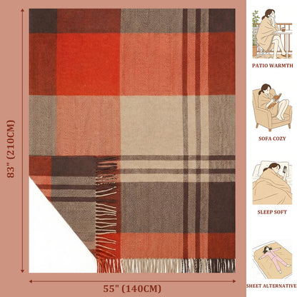 Pure Wool  Throw Blanket For Sofa,Bed&Car, Large 55x83 inches, Classic Design With Storage bag