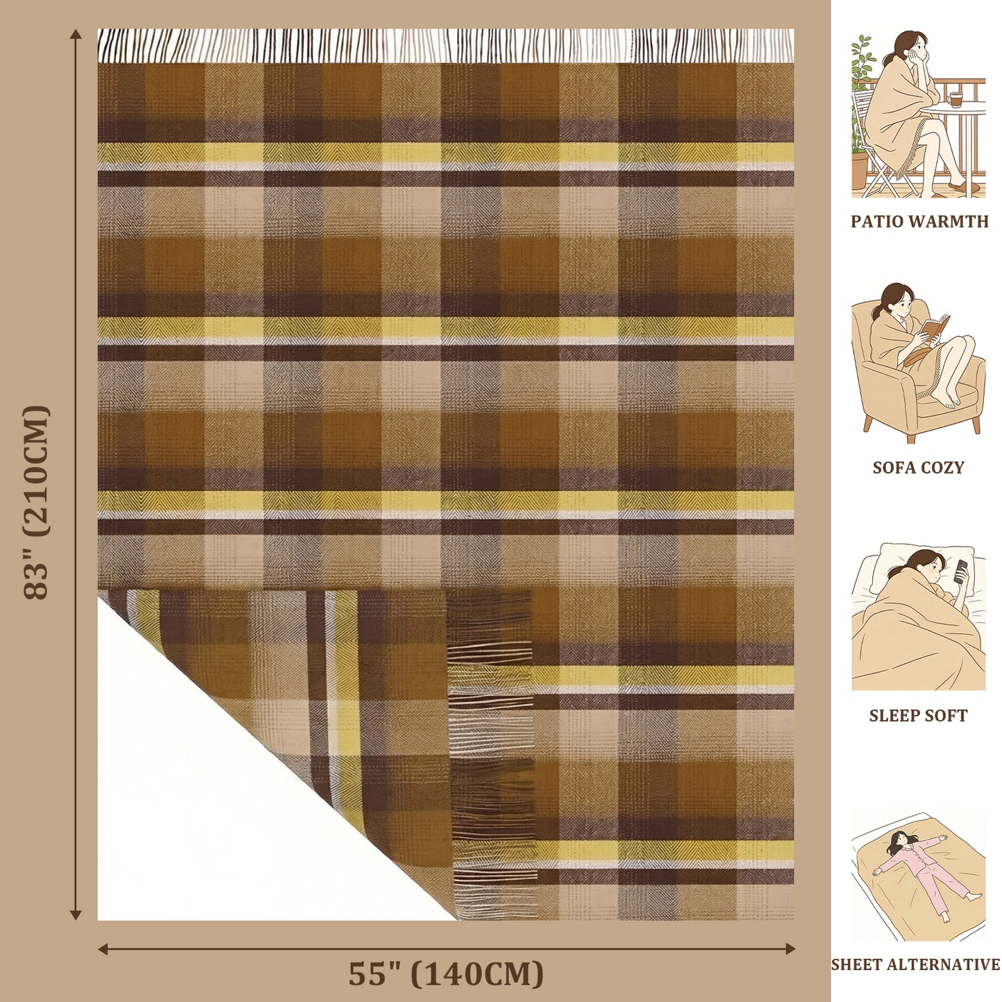 Pure Wool  Throw Blanket For Sofa,Bed&Car, Large 55x83 inches, Classic Design With Storage bag