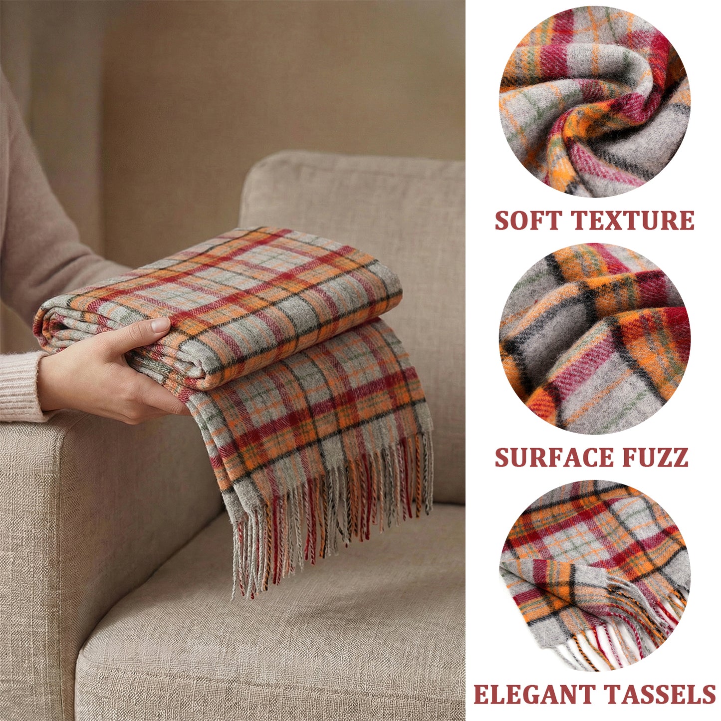 Pure Wool Scarf for Men & Women , Ultra Soft, Lightweight & Warm Luxurious Warm Cashmere Feel Travel Gift