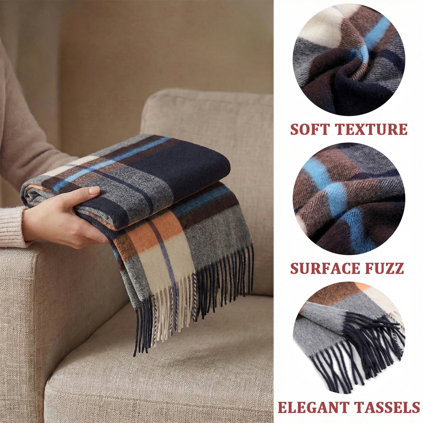 Pure Wool Scarf for Men & Women , Ultra Soft, Lightweight & Warm Luxurious Warm Cashmere Feel Travel Gift