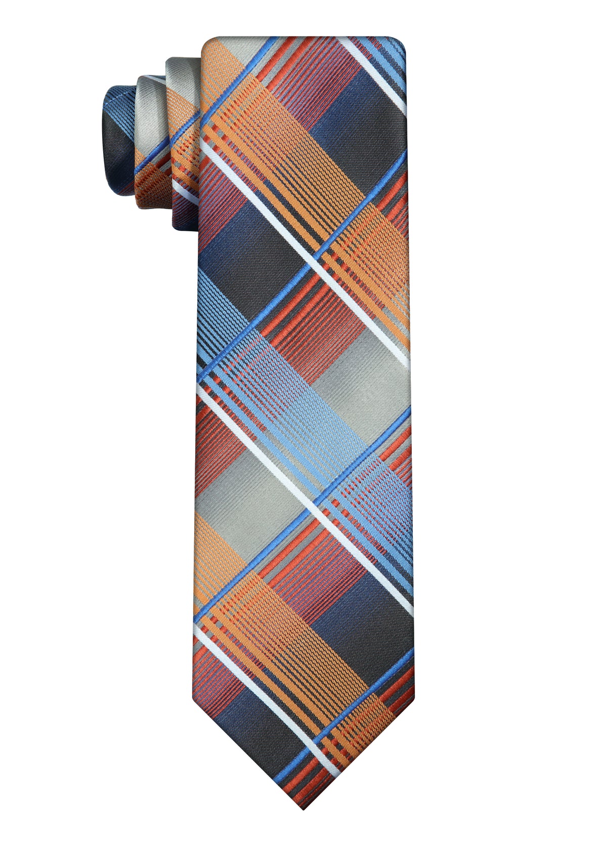 Orange, blue, and gray plaid custom woven tie shown as a milestone design direction