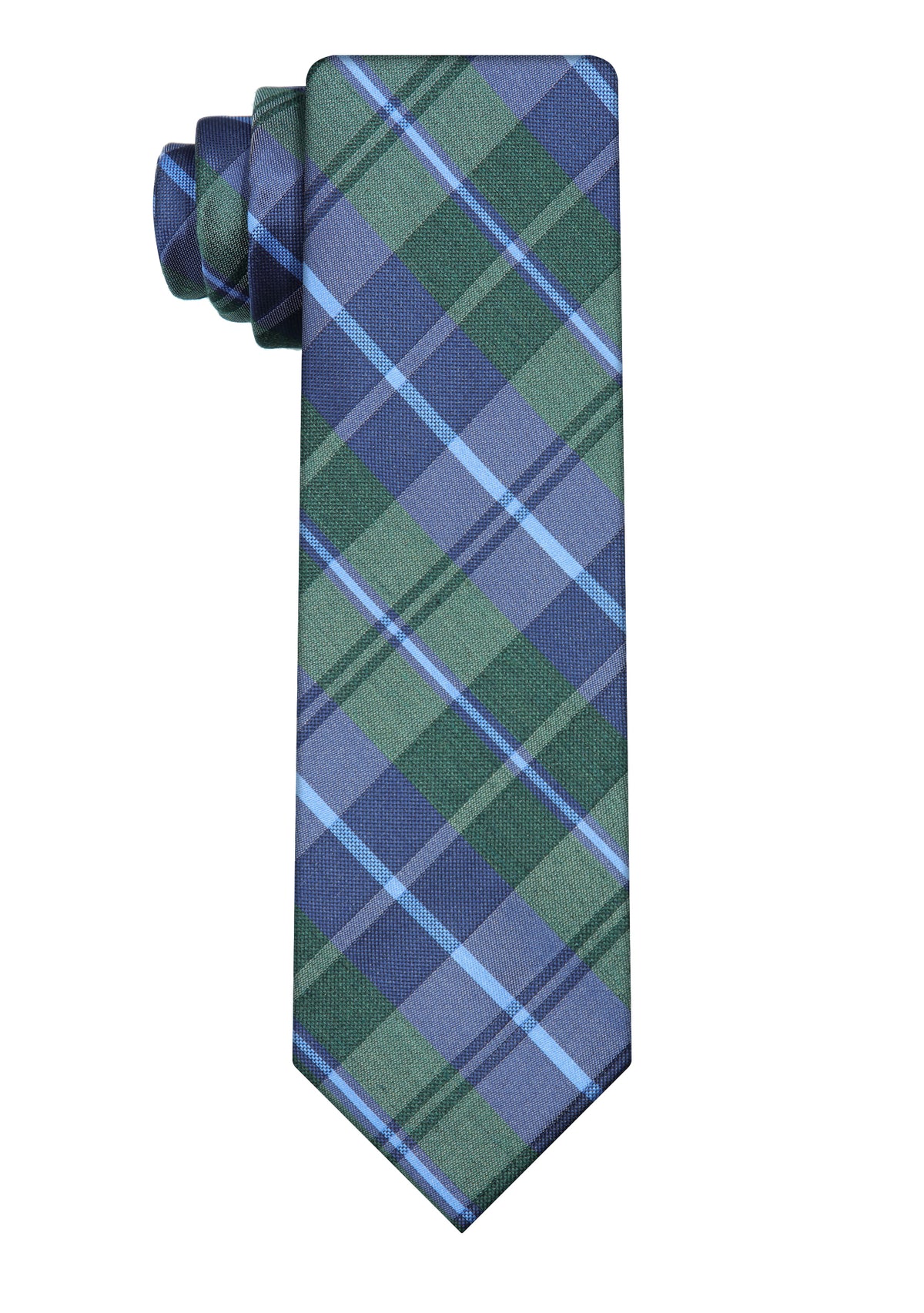 Green and blue plaid custom woven tie shown as a graduation design direction