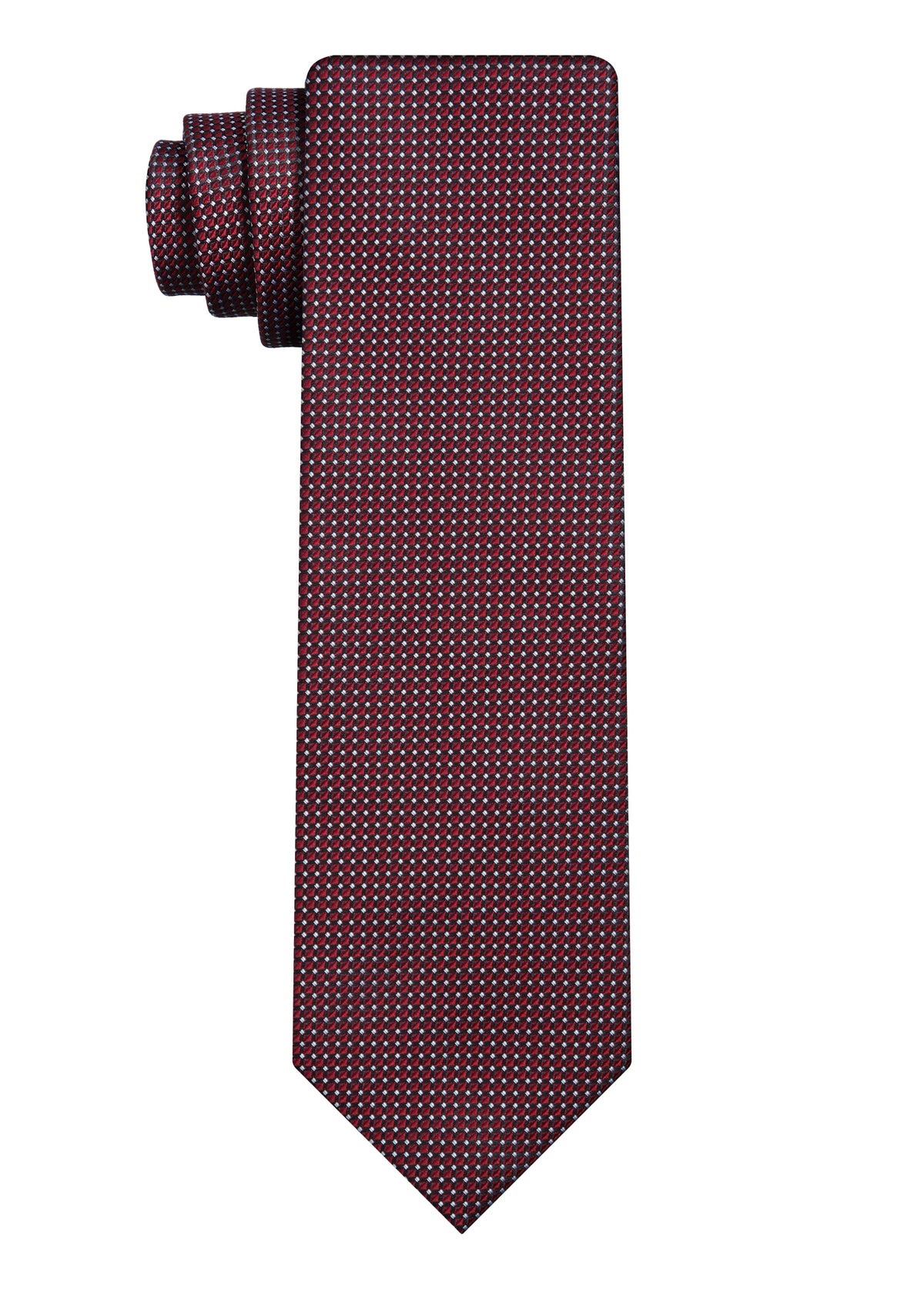 Burgundy micro-pattern custom woven tie shown as a formal celebration direction