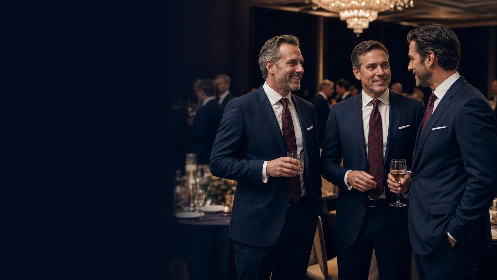 Business leaders in tailored suits wearing coordinated custom ties at a formal corporate awards dinner.