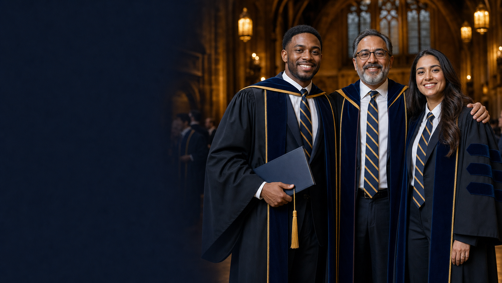 Graduates and faculty wearing coordinated school-color ties during a formal graduation celebration.