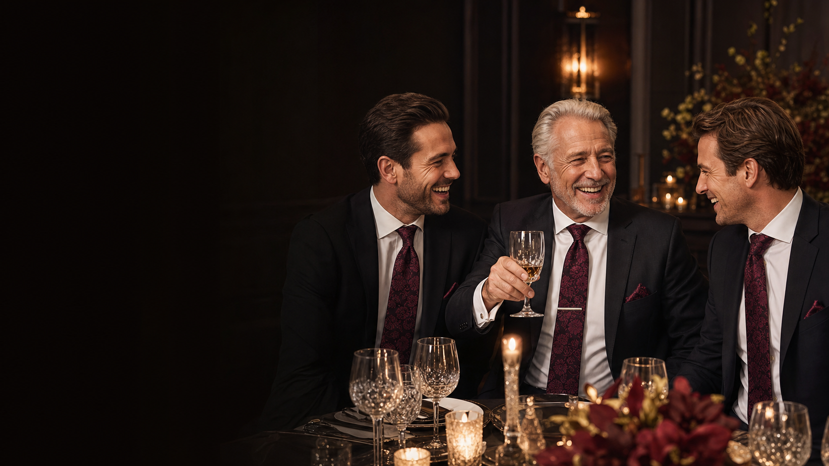 Well-dressed guests wearing coordinated custom ties at an elegant milestone celebration dinner.