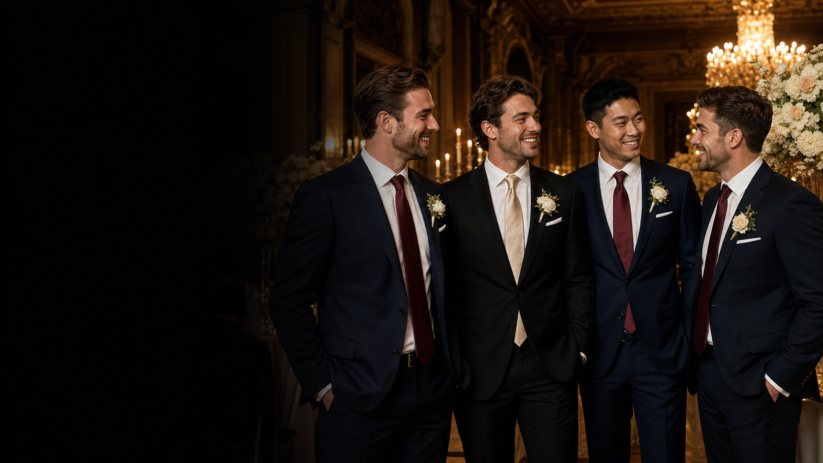 A groom and his groomsmen wearing coordinated custom ties at an elegant evening wedding reception.