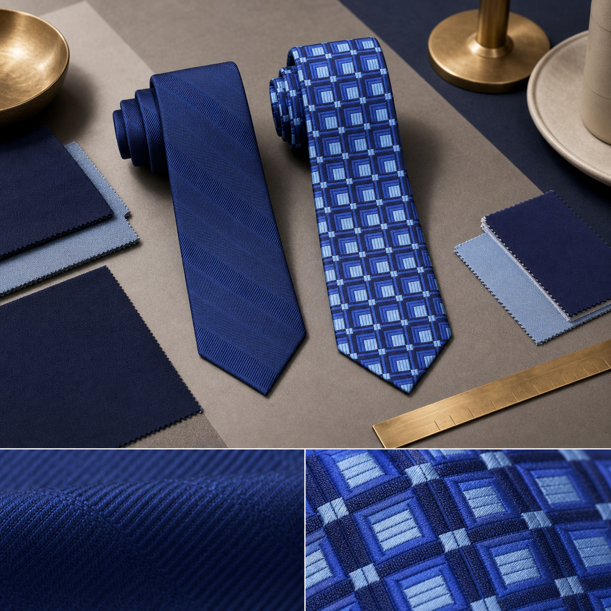 An artisan selecting silk jacquard fabric and thread colors for a custom necktie.