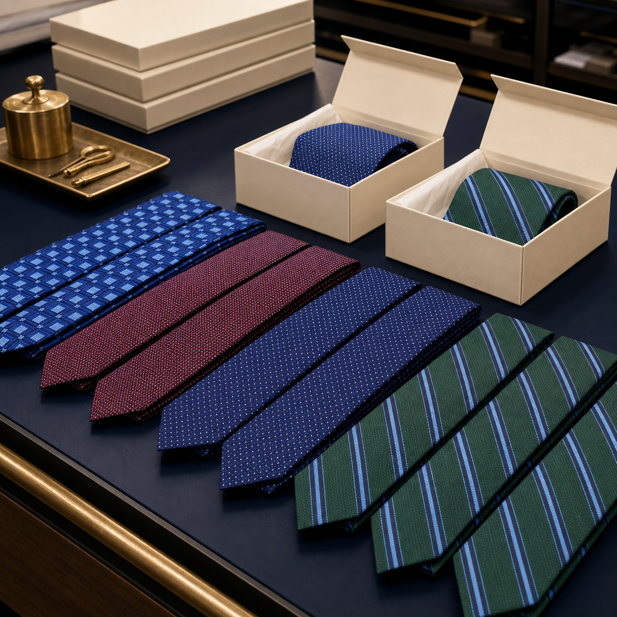Finished custom neckties being arranged in premium presentation boxes for delivery.