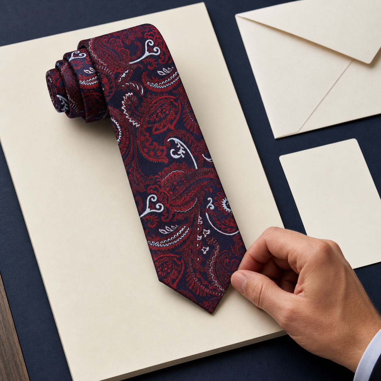 A finished navy custom necktie sample being inspected for weave, stitching and color accuracy.