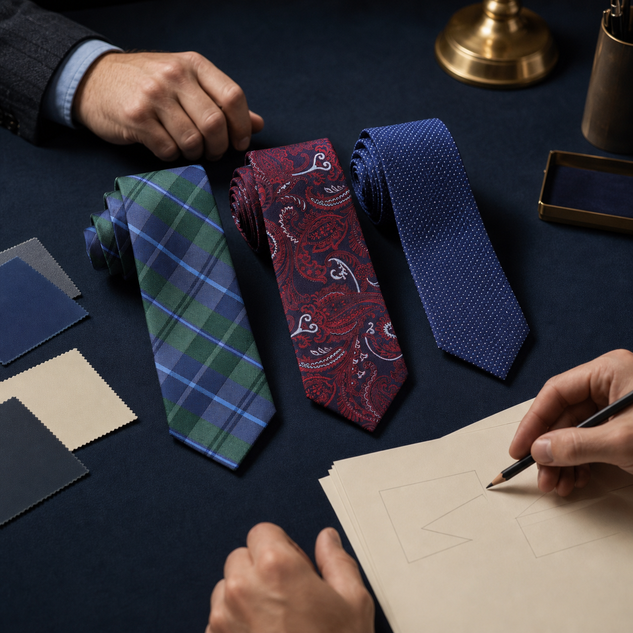 A corporate client and designer reviewing custom necktie sketches, fabric swatches and color options.